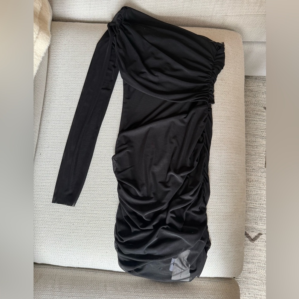 Commense Black Asymmetrical Ruched Bodycon Dress, XS